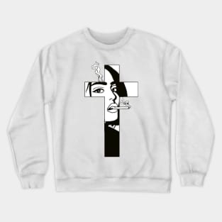 Cross of Jesus with a woman smoking a cigarette Crewneck Sweatshirt